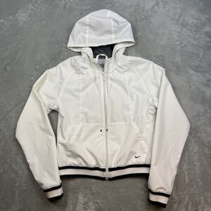 Vintage Y2K Nike Women's White Hooded Zip Up Jacket Size Small Black Trim